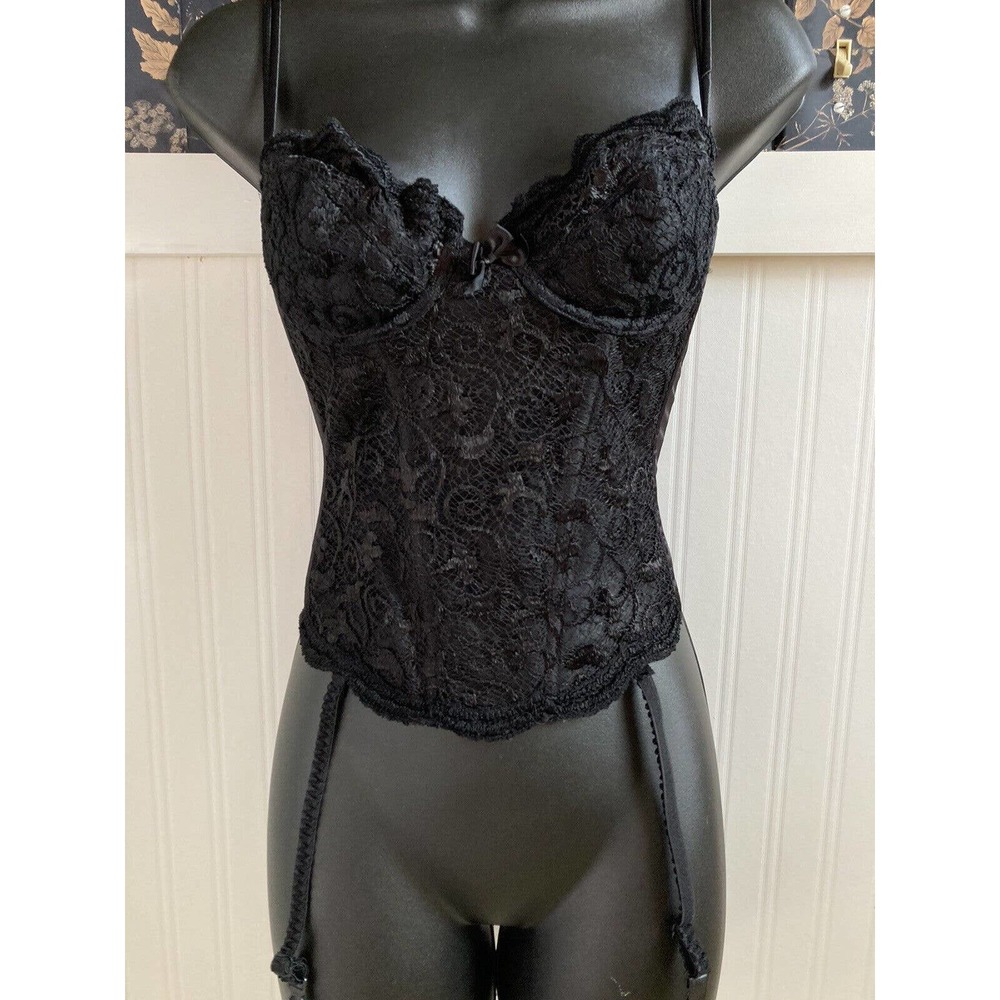 Victoria's Secret Vintage Black Corset Garter Bustier 34B Sheer Lace Gold Label